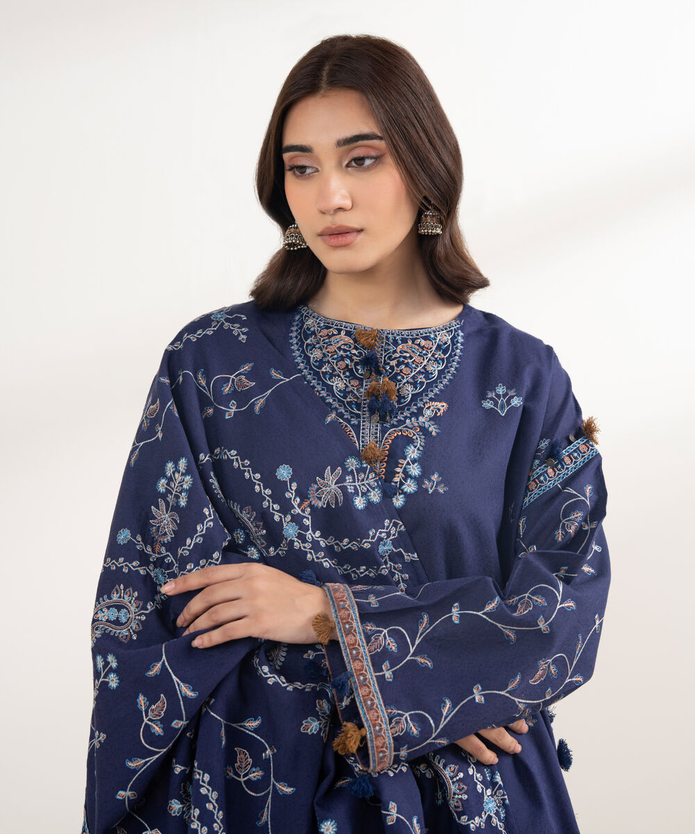 Women's RTW Cotton Karandi Embroidered Blue 3 Piece Suit