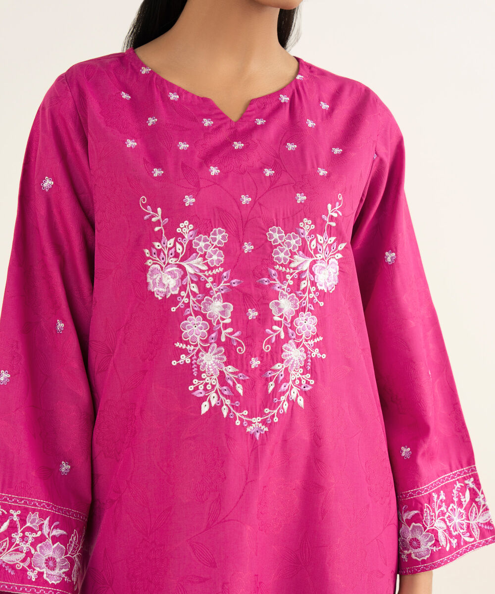 Women's RTW Jacquard Embroidered Pink A-Line Shirt