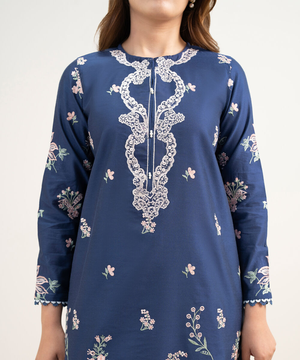 Women's RTW Silk Cotton Net Embroidered Dark Blue 2 Piece Suit