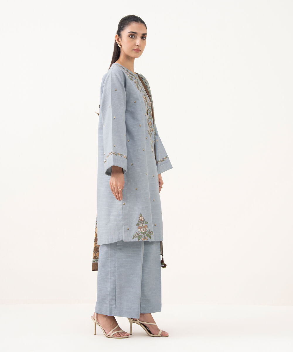 Women's Unstitched Cotton Embroidered Blue 3 Piece Suit