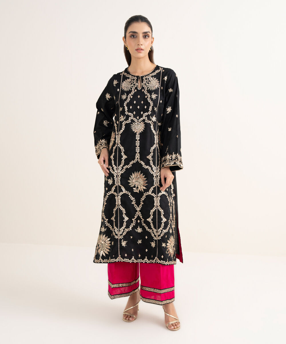 Women's RTW Self Jacquard Leno Embroidered Black A-Line Shirt