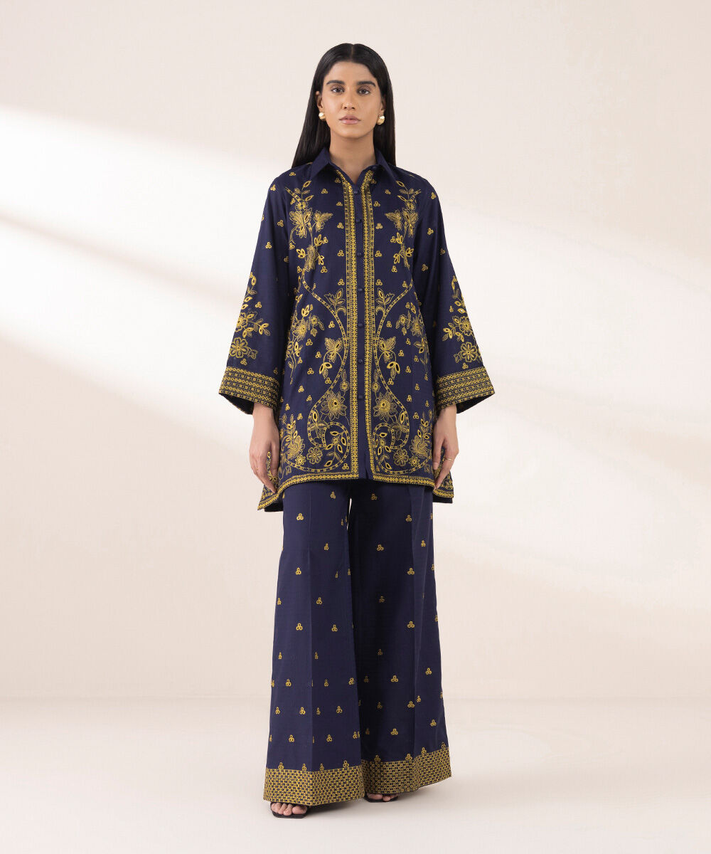 Women's RTW Dobby Blue Embroidered Button Down Shirt