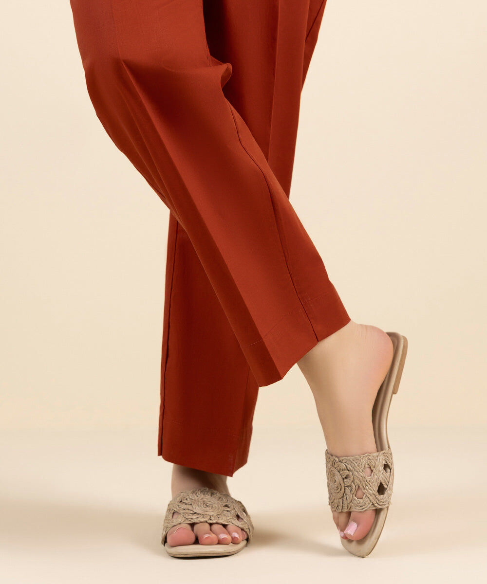 Woman - Orange Solid Cambric Straight Pants