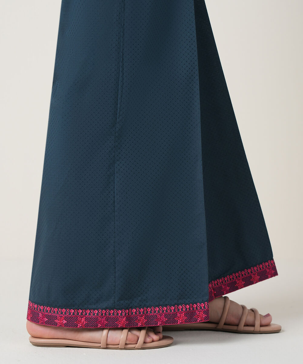 Women's RTW Textured Cotton Blue Embroidered Trousers