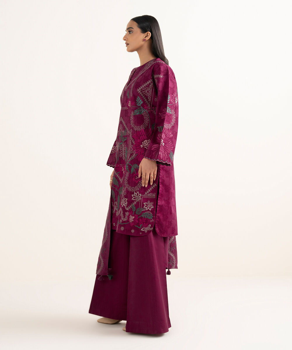 Women's Unstitched Cotton Jacquard Embroidered Fuchsia 3 Piece Suit