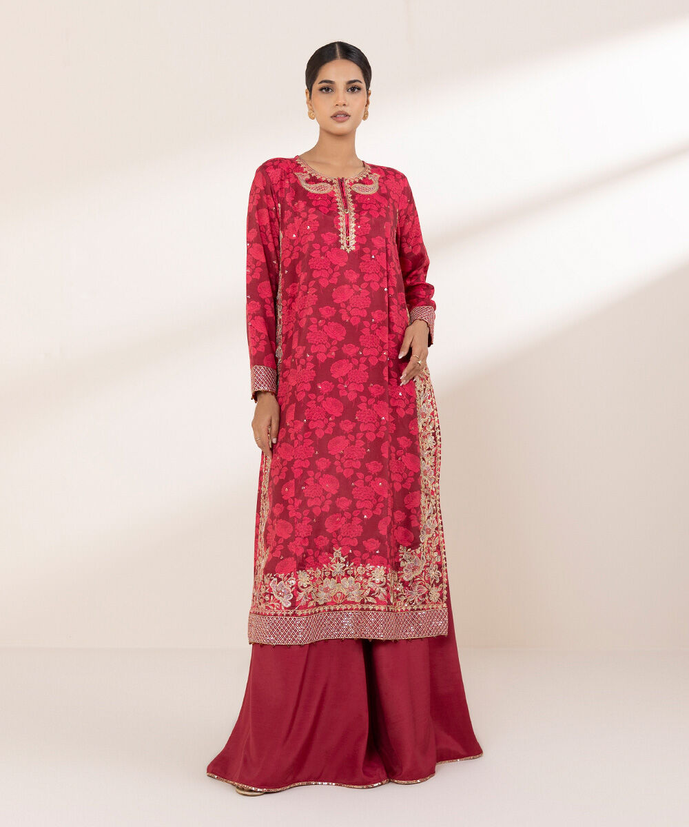 Women's RTW Viscose Raw Silk Pink Embroidered Two Piece Suit