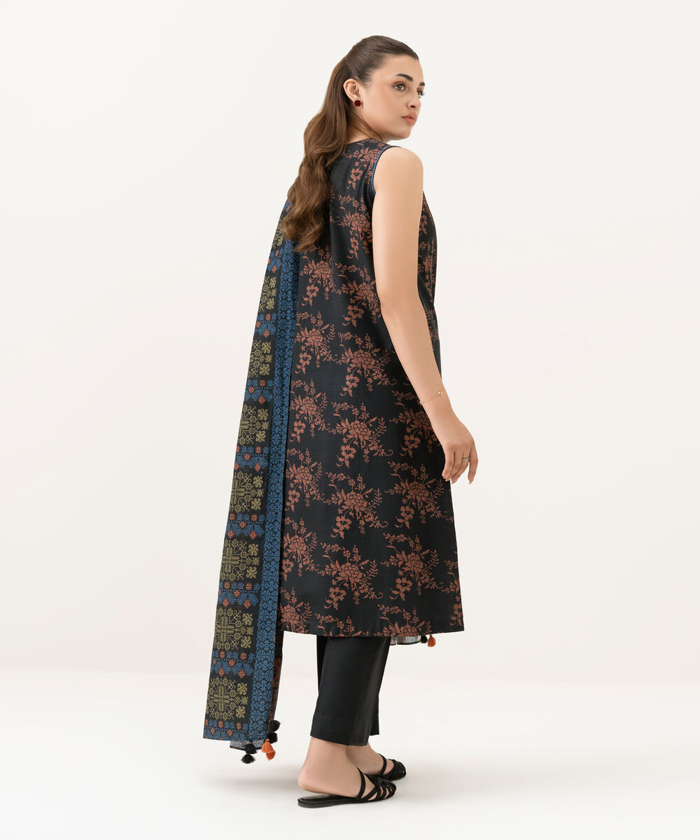 Women's Unstitched Light Khaddar Printed Black 3 Piece Suit