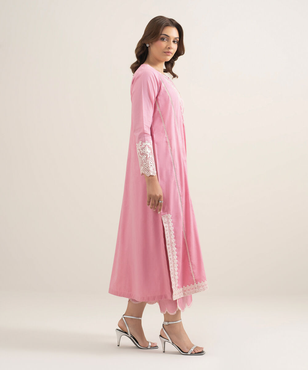 Women's RTW Self Jacquard Embroidered Pink A-Line Shirt