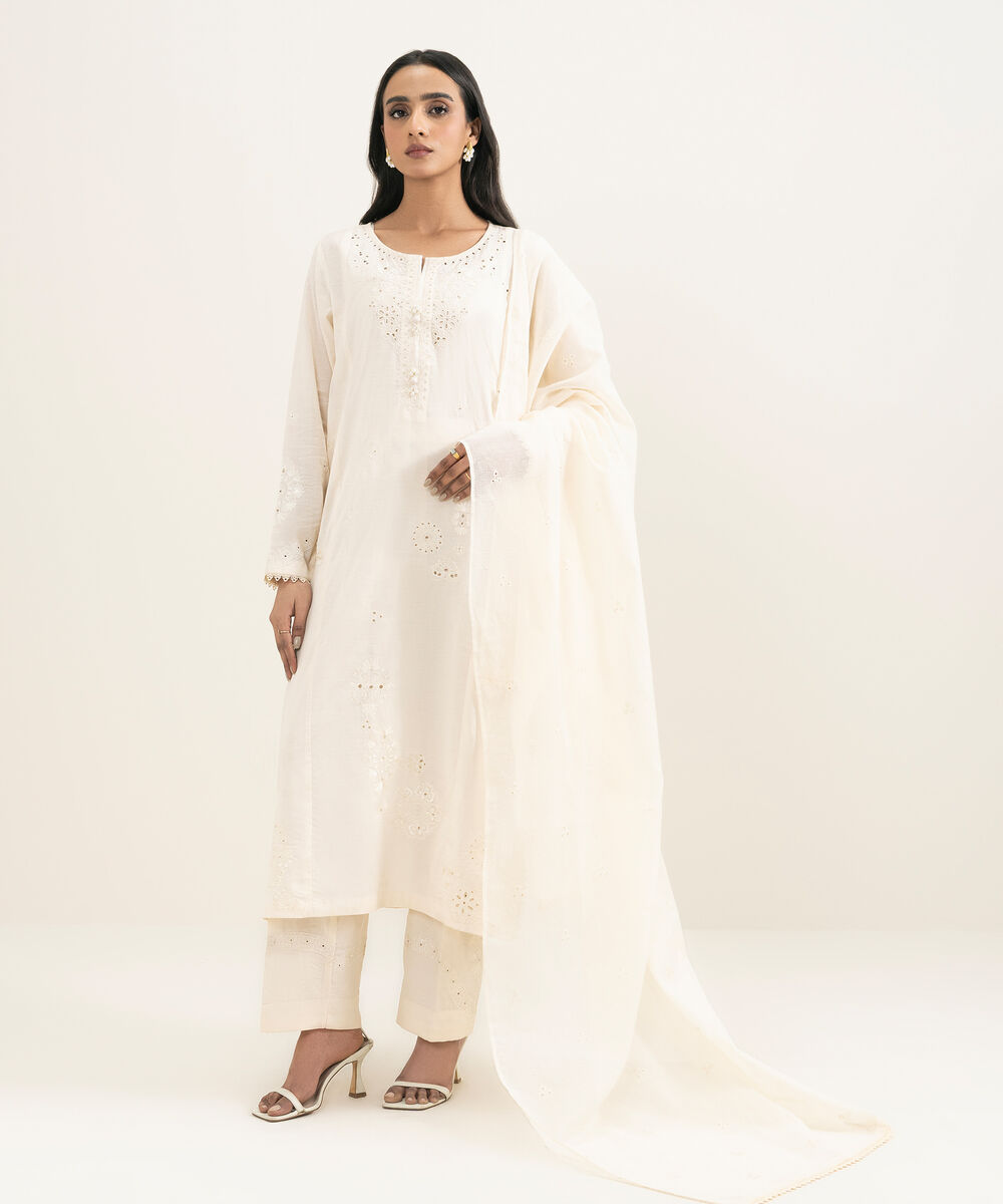 Women's RTW Self Jacquard Embroidered Off White A-Line Shirt