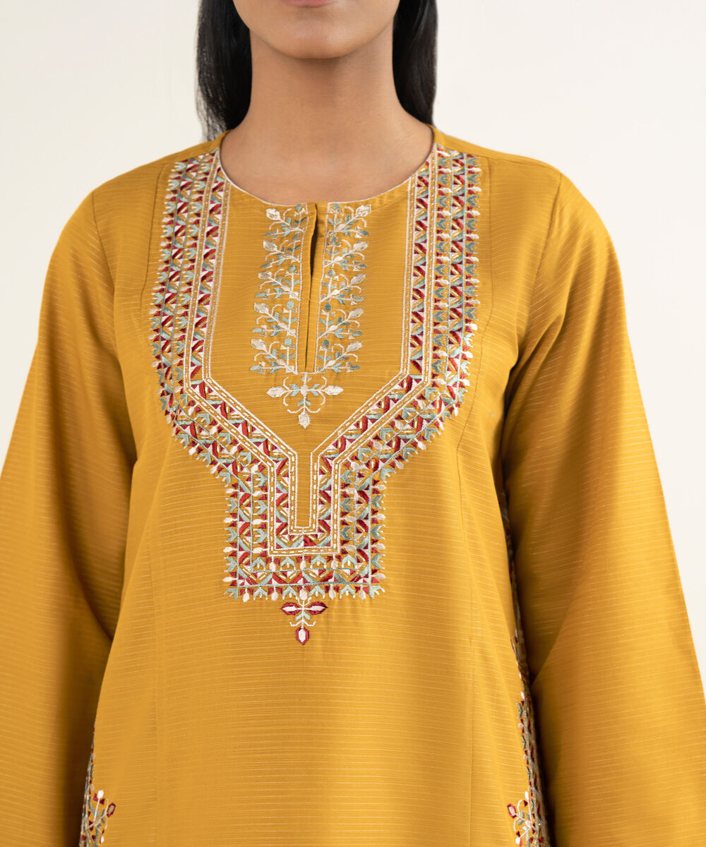 Women's RTW Light Khaddar Embroidered Mustard Straight Shirt