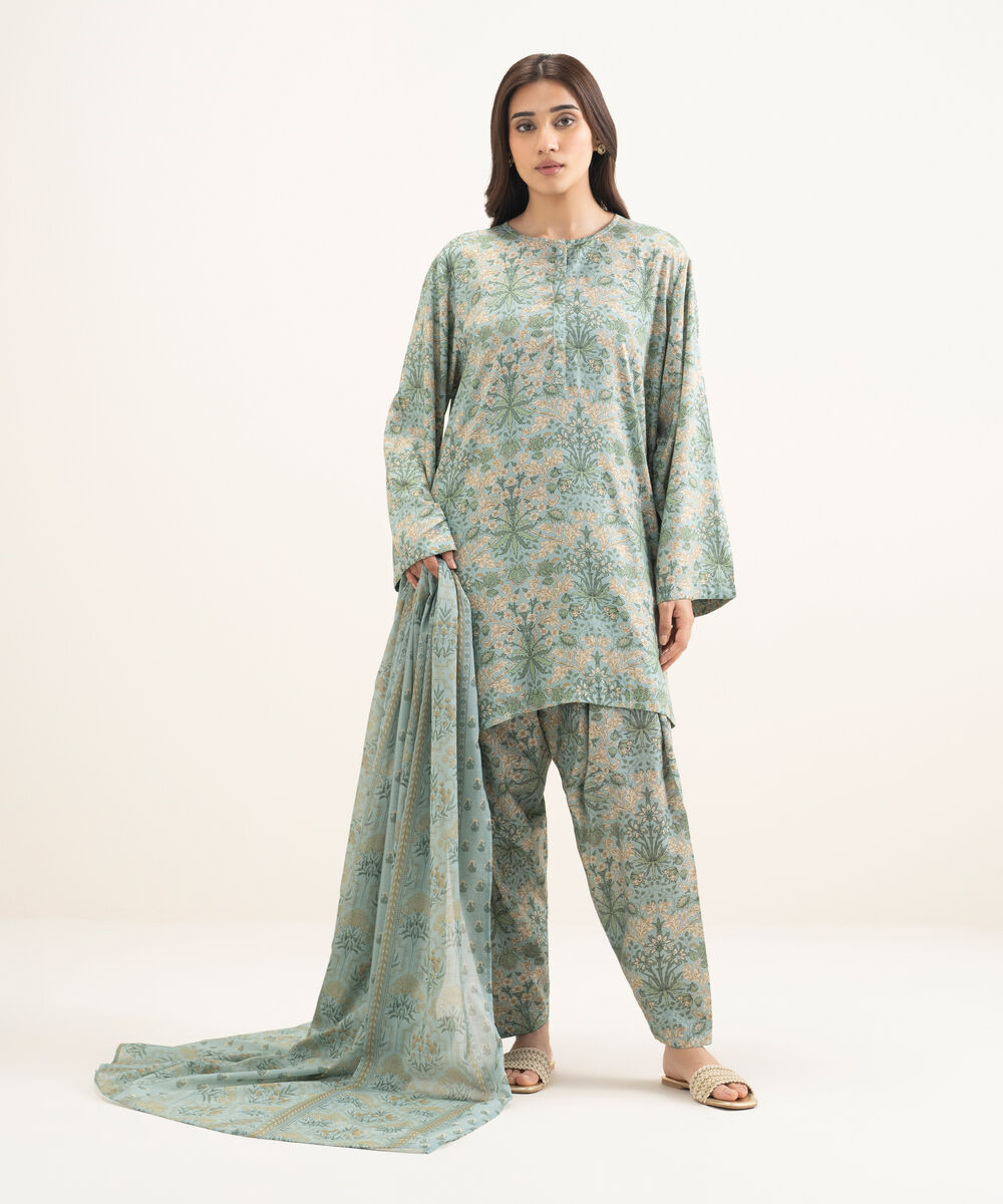 Women's RTW Arabic Lawn Printed Blue Straight Shirt