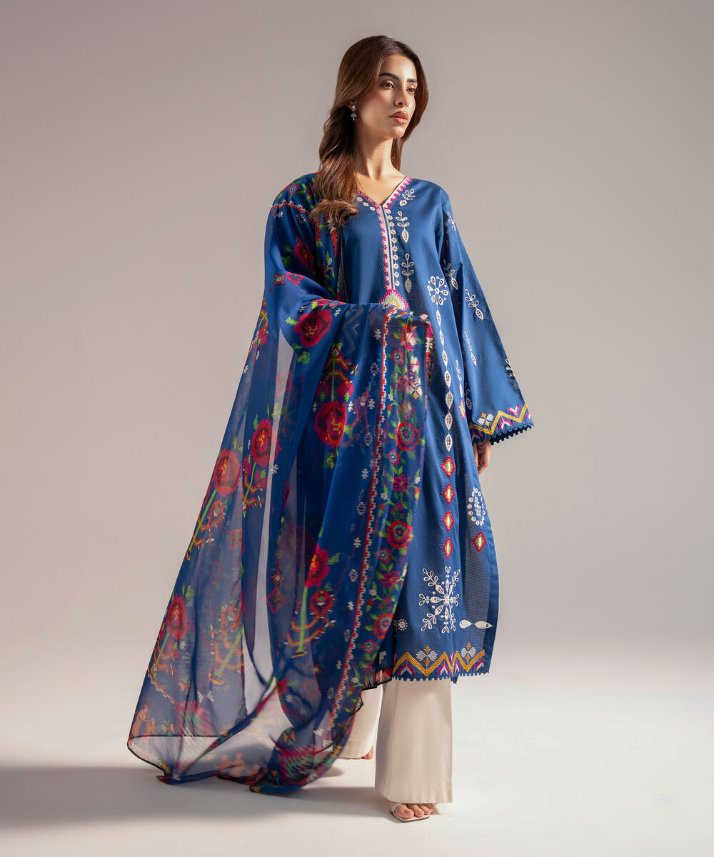 Blended Chiffon Printed Dark Blue Dupatta
