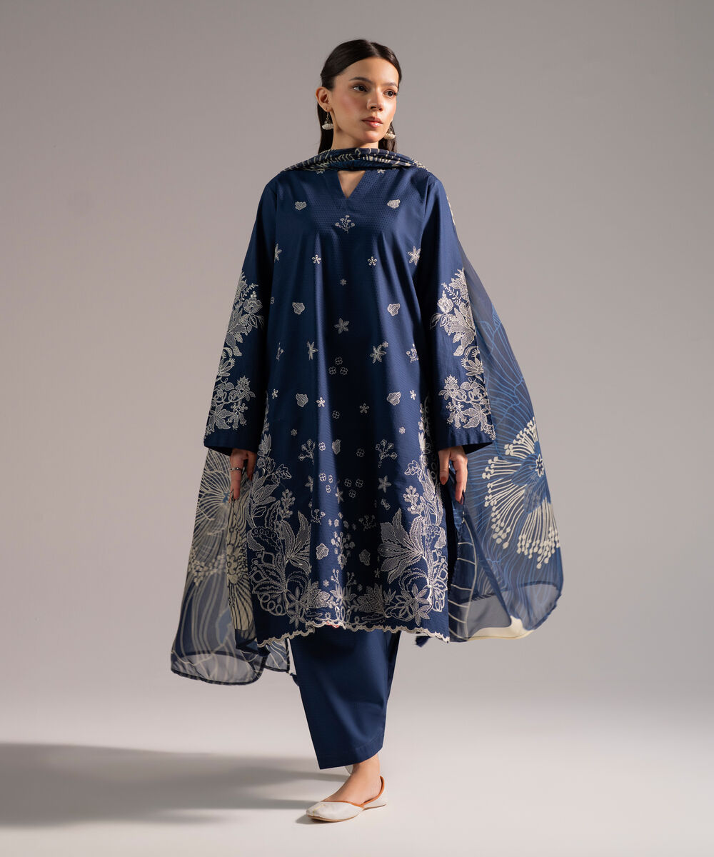 Women's RTW Dobby Embroidered Dark Blue 3 Piece Suit