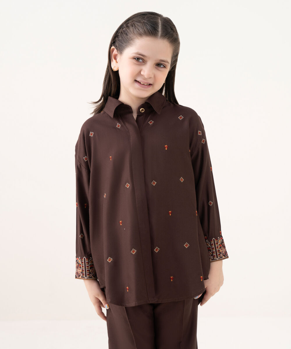 Girl's Bedford  Embroidered Brown 2 Piece Suit