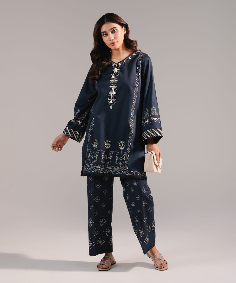 Women's RTW Cotton Satin Printed Dark Blue Straight Shirt