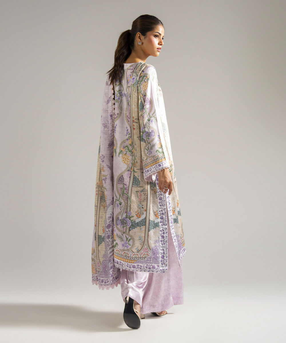 Women's RTW Blended Satin Printed Lilac 3 Piece Suit