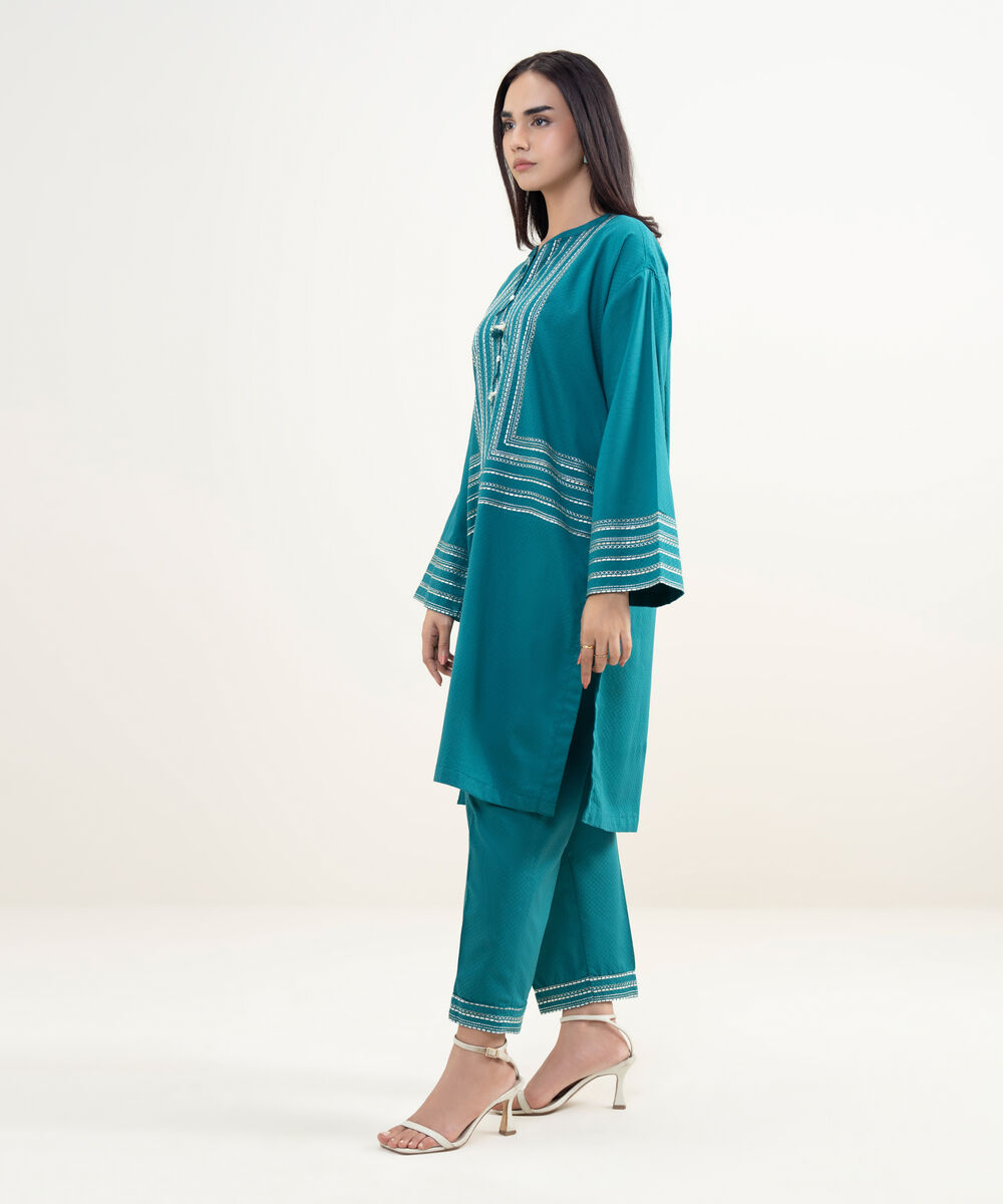 Women's RTW Dobby Embroidered Green Drop Shoulder Shirt