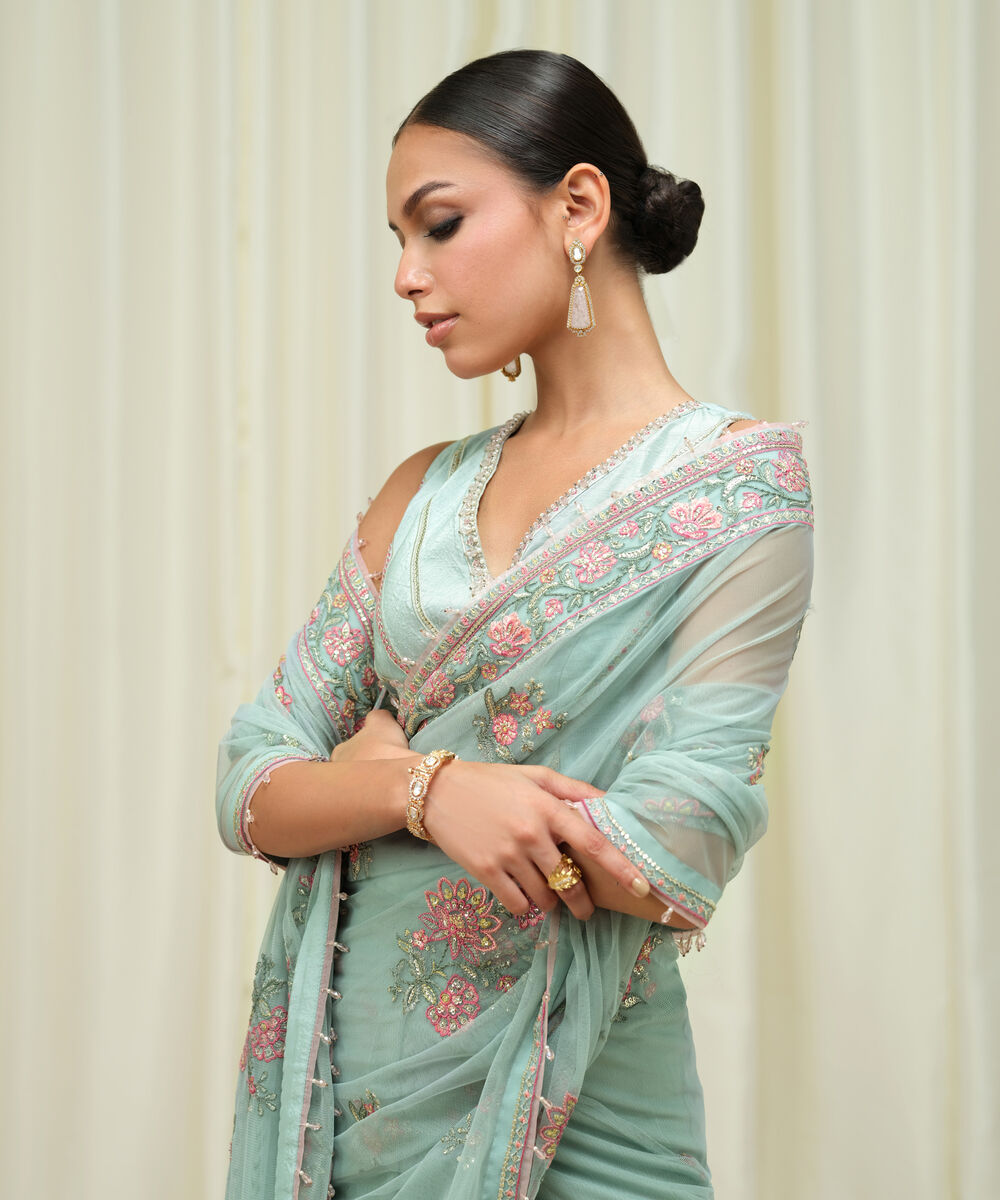 Women's Unstitched Embroidered Net Blue Saree