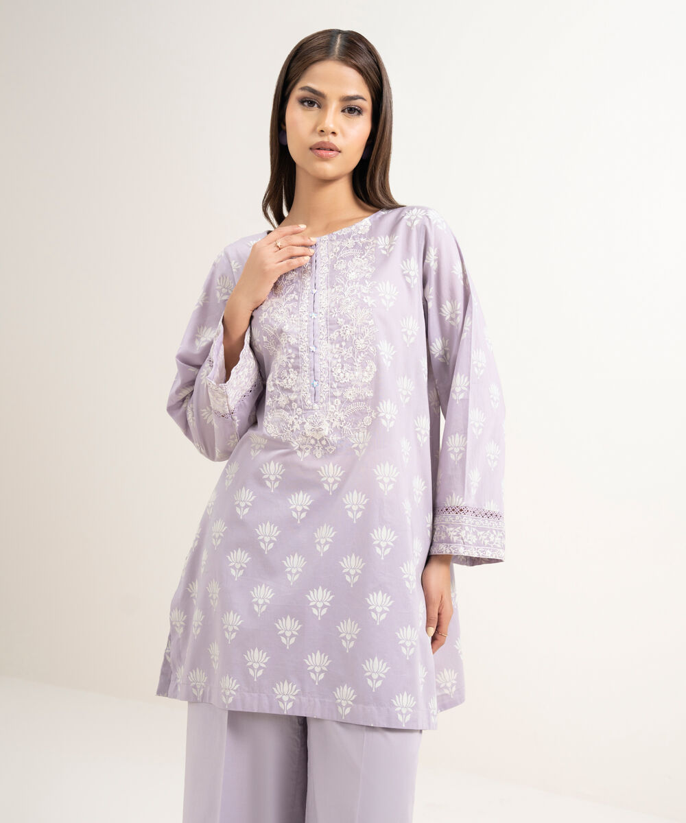 Women's RTW Lawn Embroidered Lilac Straight Shirt