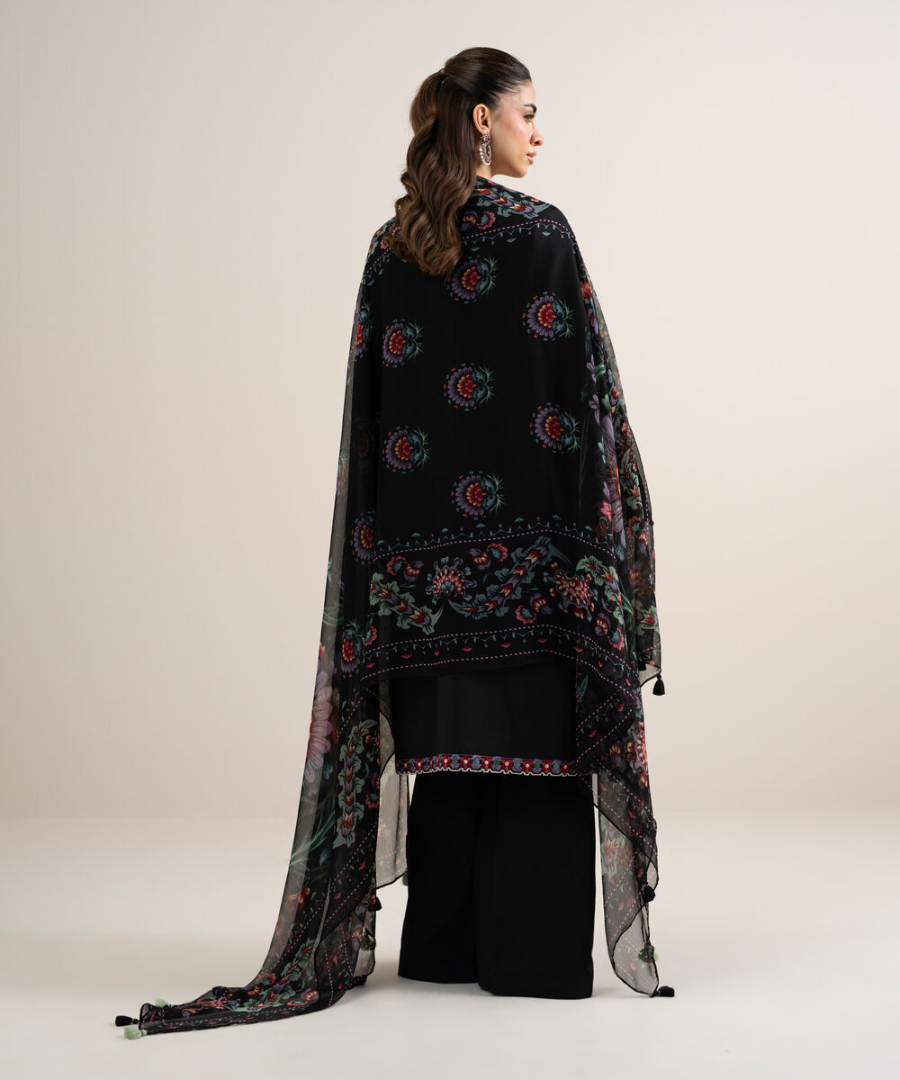 Women's Unstitched Dobby Embroidered Black 3 Piece Suit