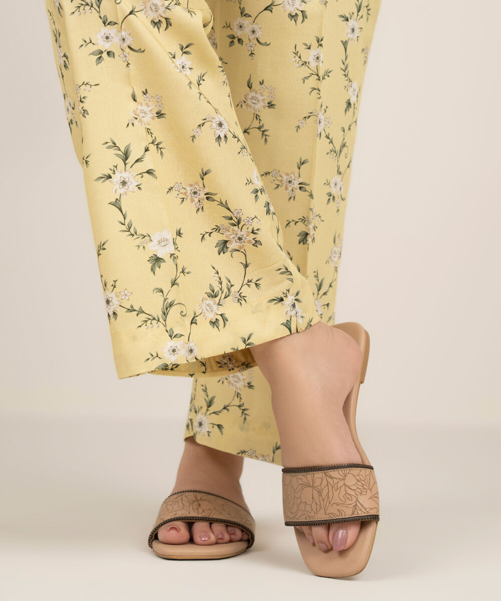 Women's RTW Arabic Cambric Printed Lime Yellow Straight Pants