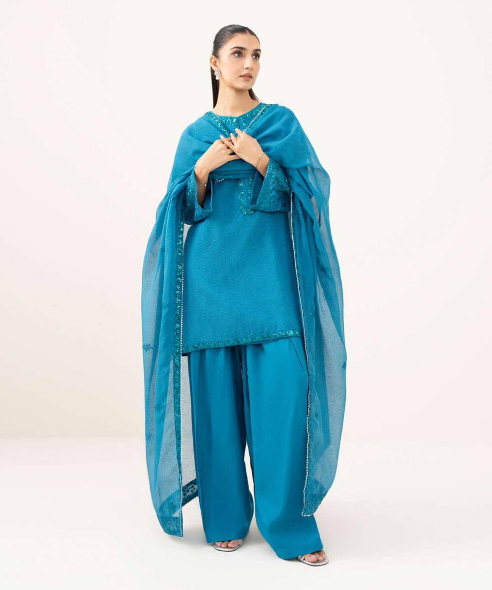 Women's RTW Blended Textured Karandi Blue Dyed Three Piece
