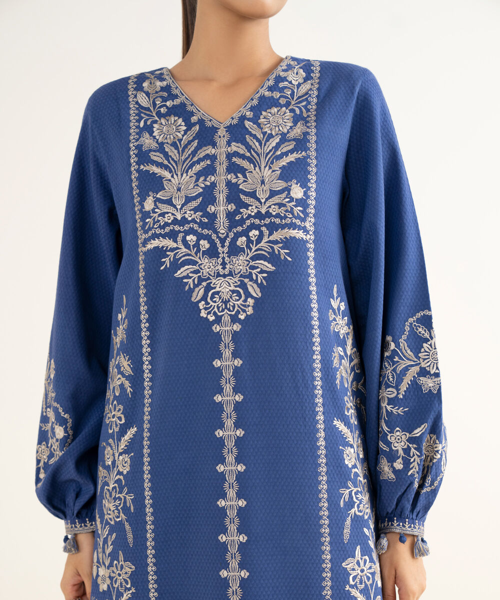 Women's Unstitched Dobby Embroidered Blue 3 Piece Suit