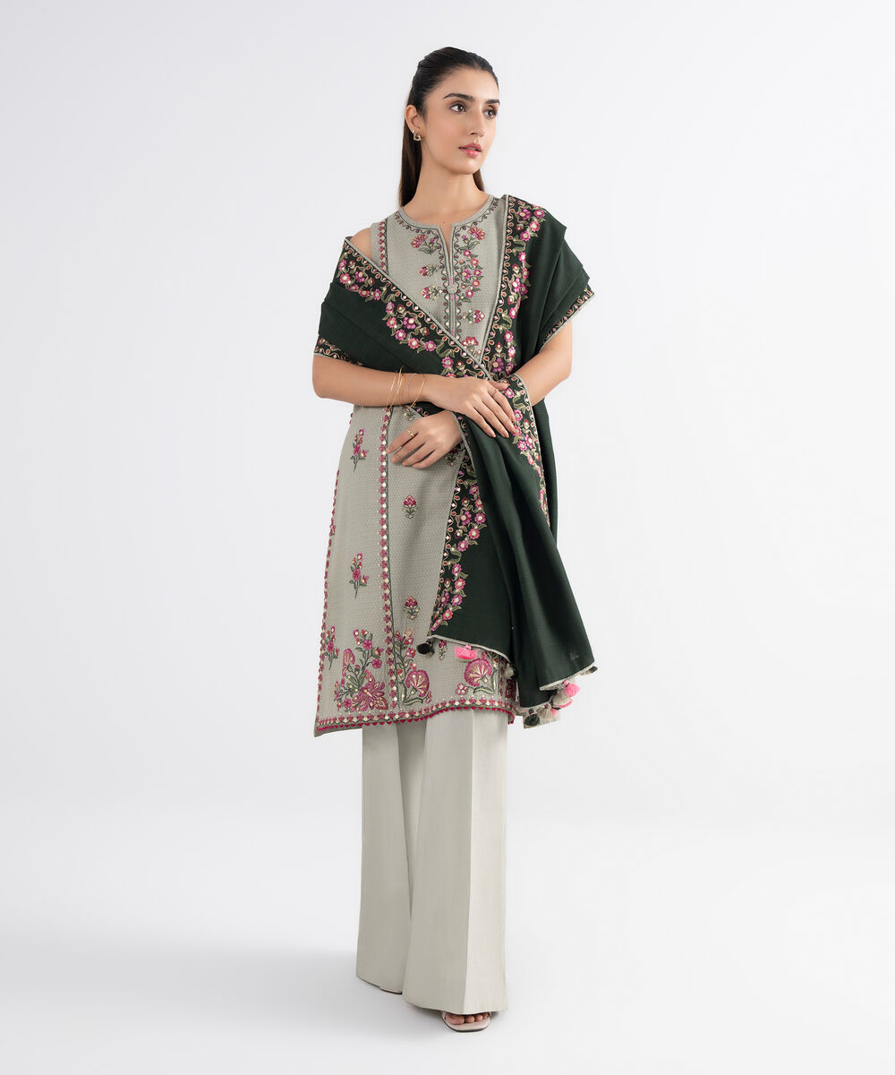 Women's Unstitched Dobby Embroidered Beige 3 Piece Suit