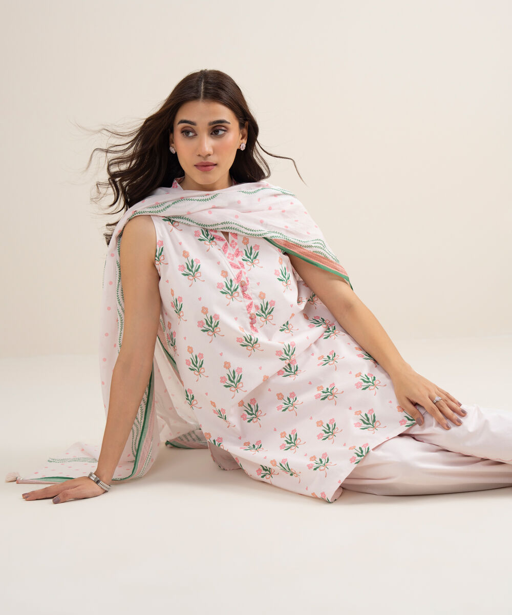 Women's Unstitched Lawn Printed Off White 3 Piece Suit