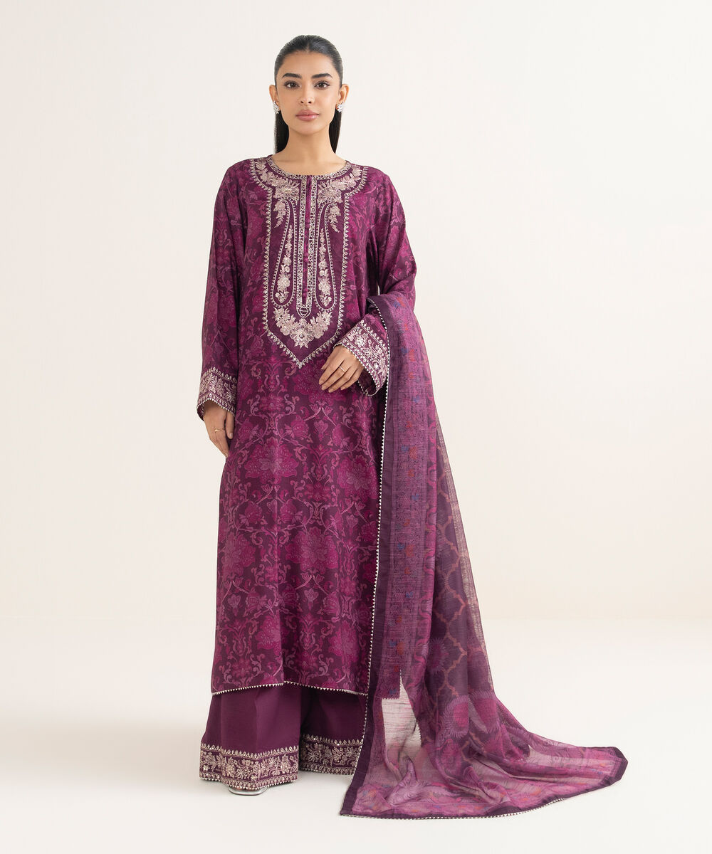 Women's RTW Dobby Embroidered Purple 3 Piece Suit