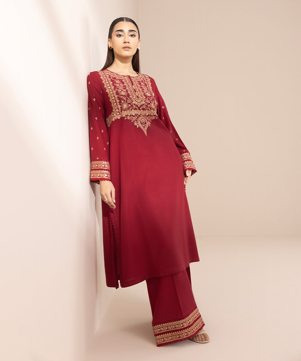 Women's Pret Cotton Viscose Red Embroidered A-Line Shirt