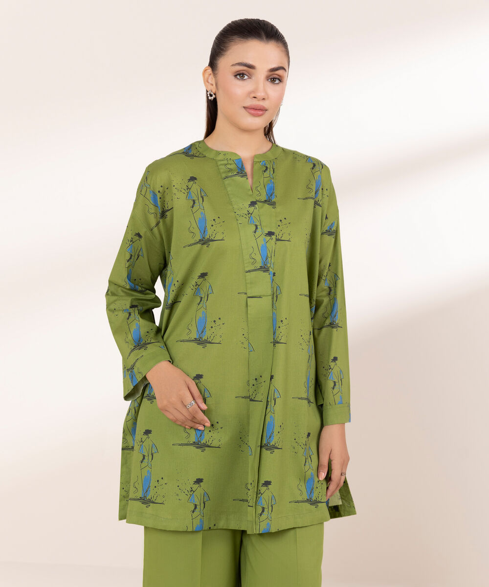 Women's RTW Lawn Green Printed Boxy Shirt