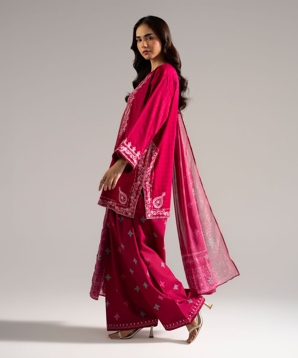 Women's RTW Dobby Embroidered Pink 3 Piece Suit