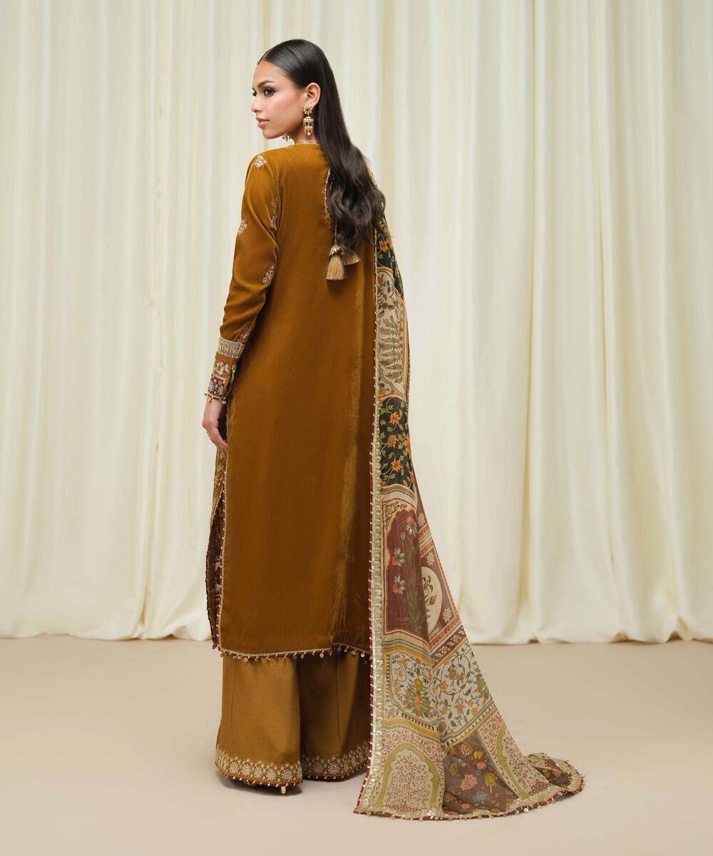 Women's Unstitched Velvet Embroidered Brown 3 Piece Suit