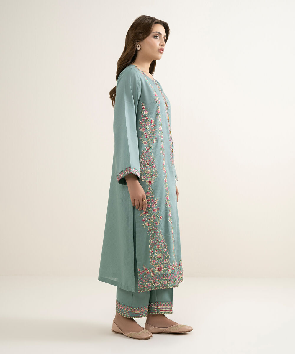 Women's RTW Dobby Embroidered Sage Green A-Line Shirt