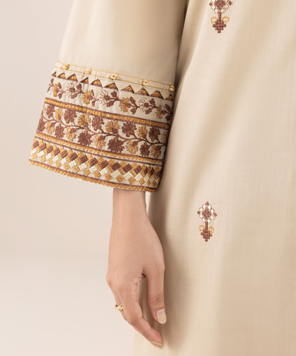 Women's RTW Cross Hatch Beige Embroidered A-Line Shirt