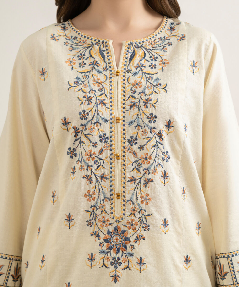 Women's RTW Dobby Embroidered Off White Straight Shirt