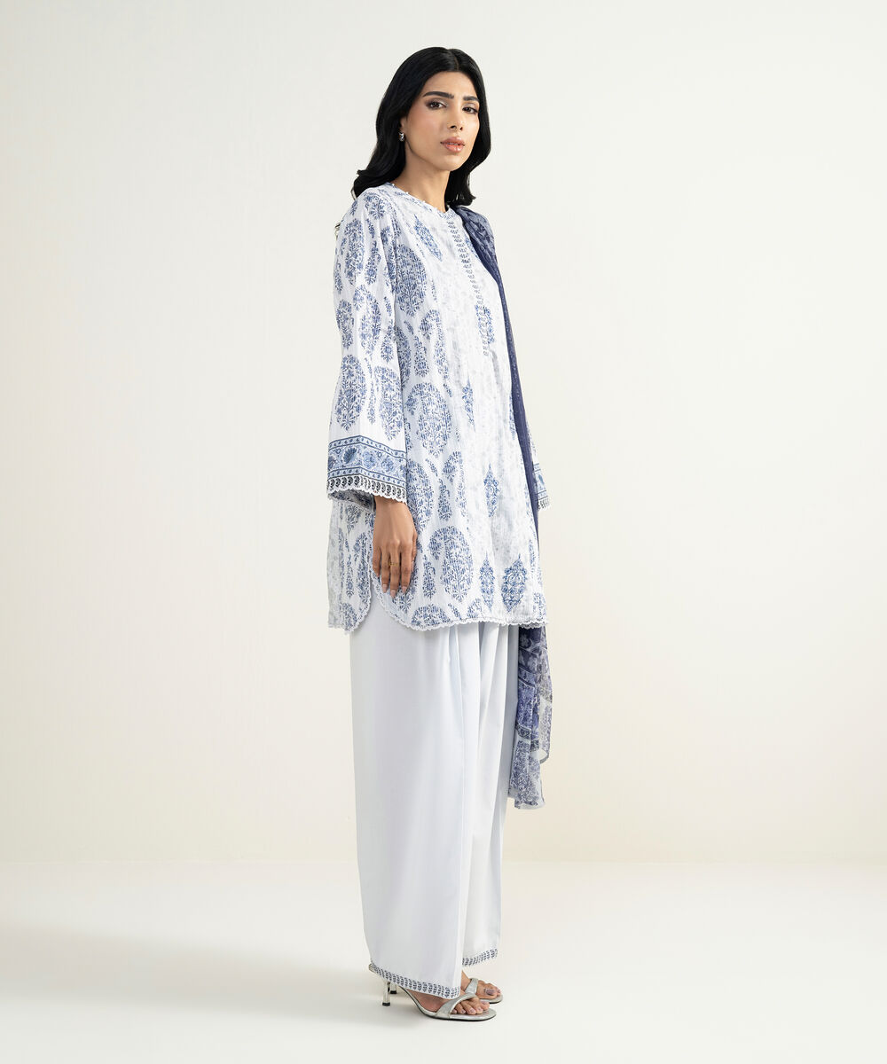 Women's RTW Cotton Embroidered Blue 3 Piece Suit