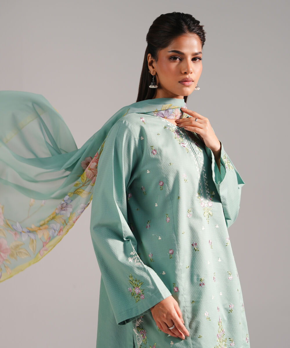 Women's RTW Dobby Embroidered Green 3 Piece Suit