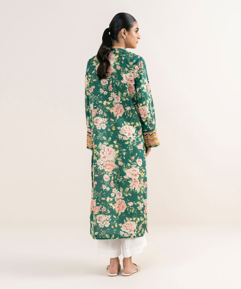 Women's RTW Textured Lawn Green Embroidered A-Line Shirt