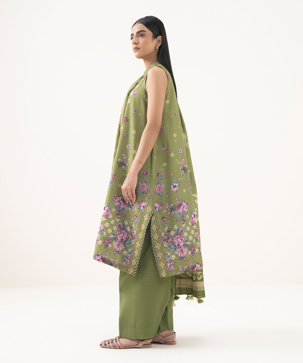 Women's Unstitched Light Khaddar Printed Green 3 Piece Suit