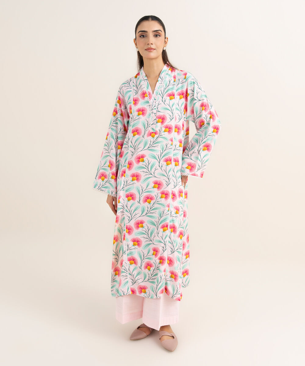 Women's RTW Herringbone Printed Pink A-Line Shirt