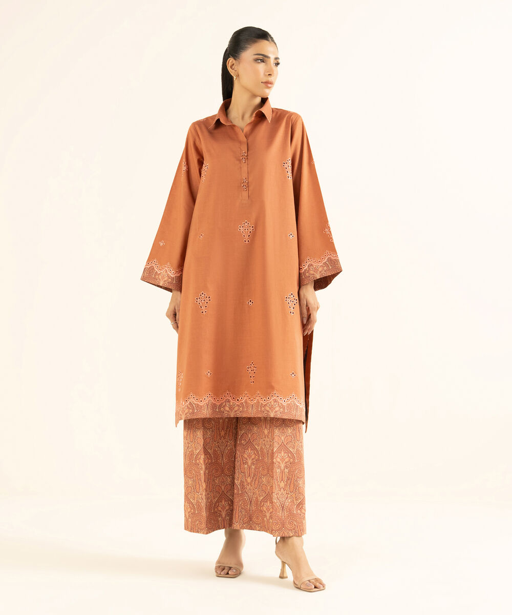 Women's Unstitched Textured Cotton Embroidered Orange 2 Piece Suit
