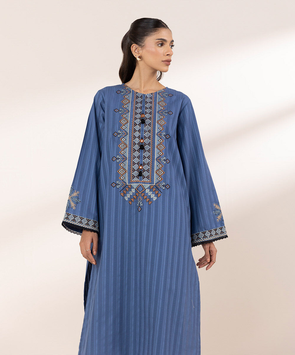 Women's RTW Textured Cotton Blue Embroidered A-Line Shirt