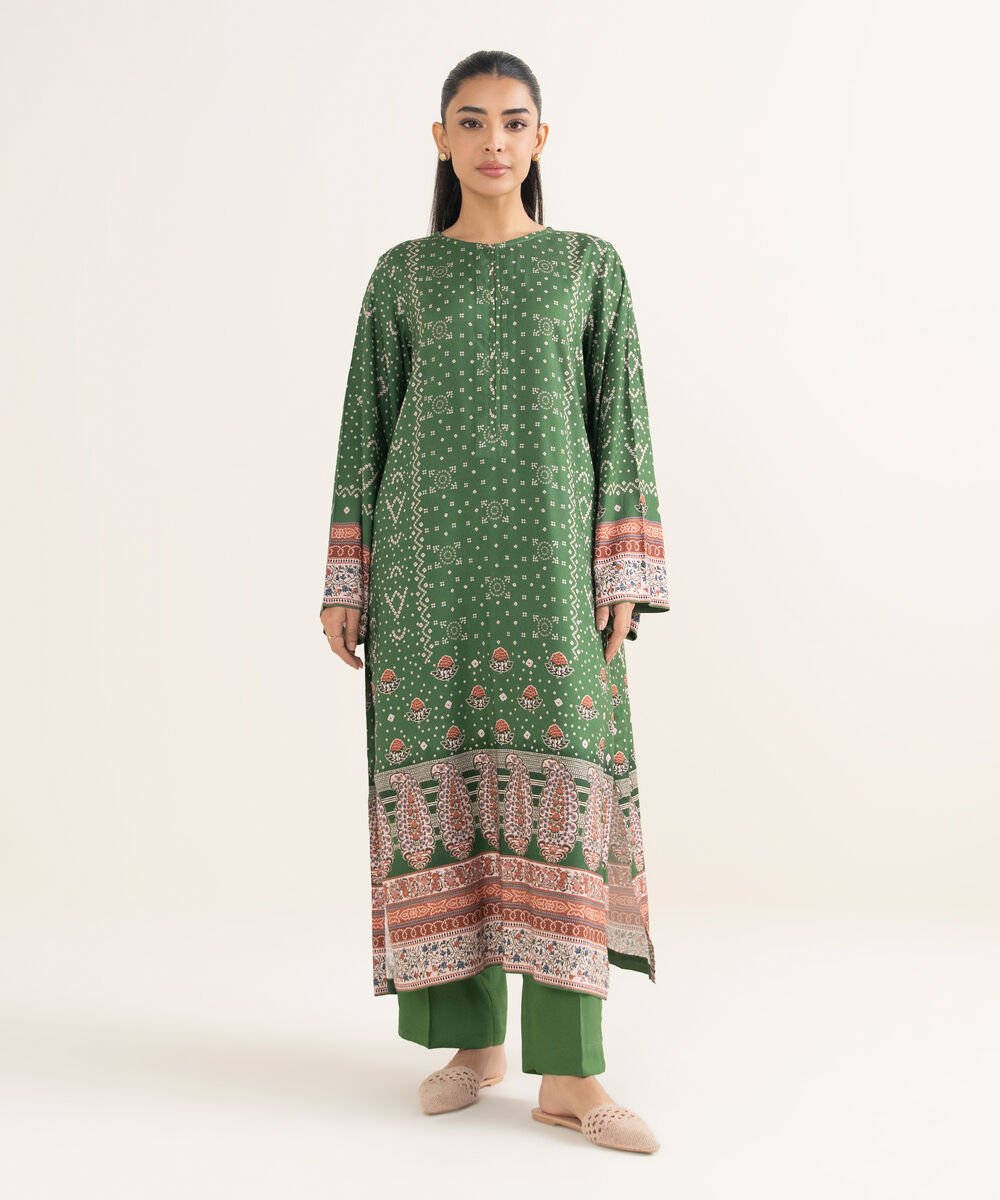 Women's RTW Linen Printed Green A-Line Shirt