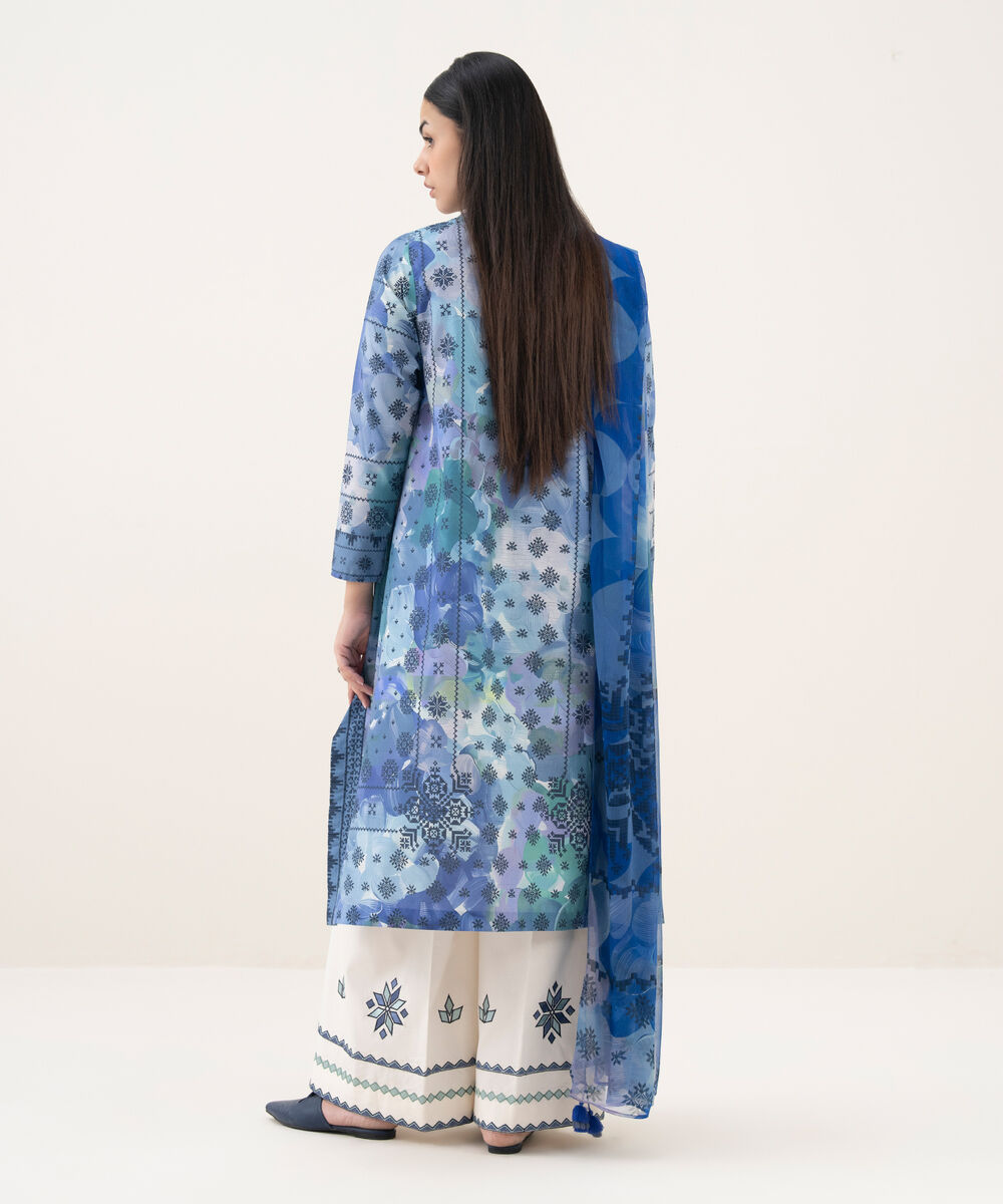 Women's Unstitched Cotton Printed Blue 2 Piece Suit