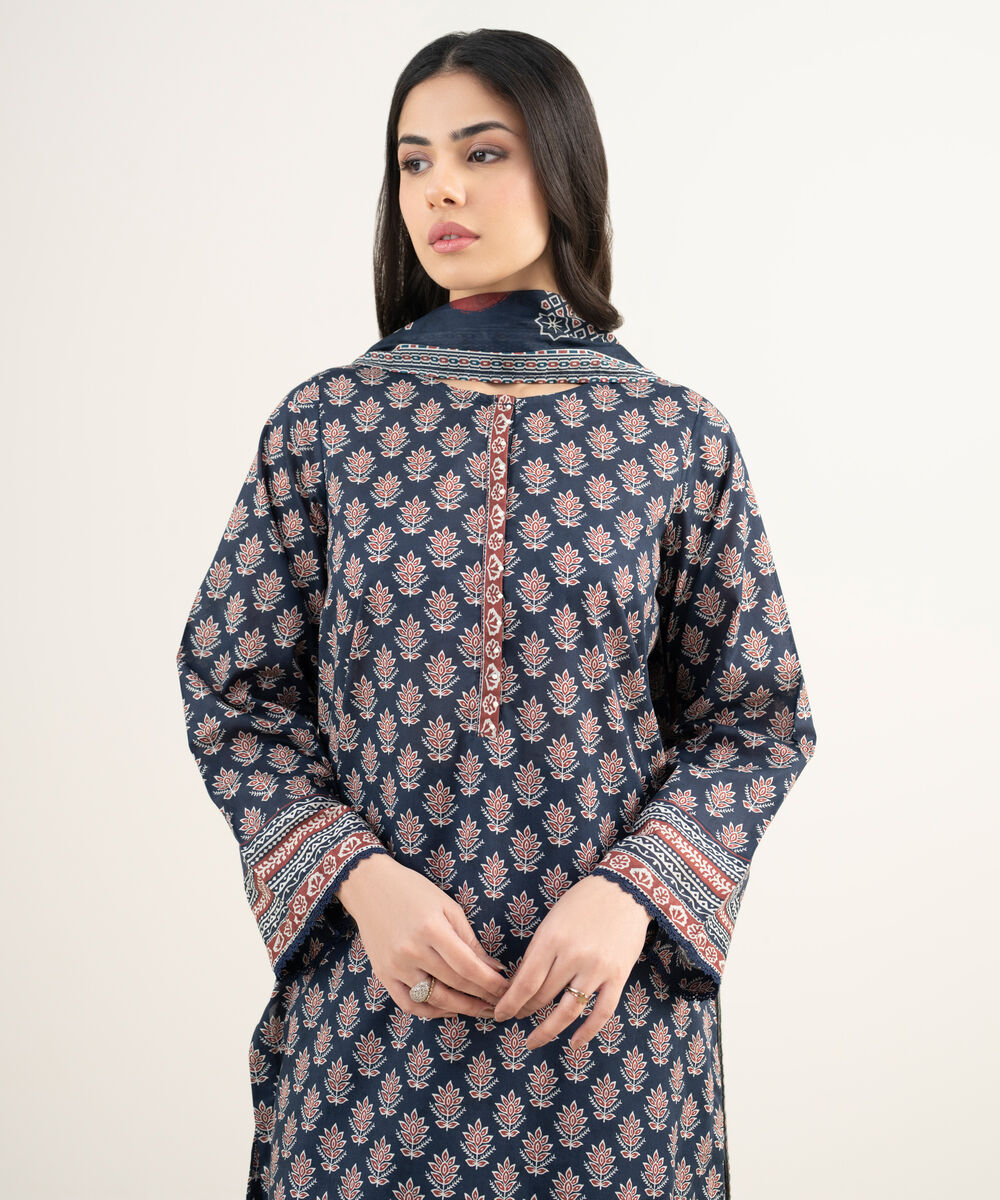 Women's RTW Lawn Printed Dark Blue 3 Piece Suit