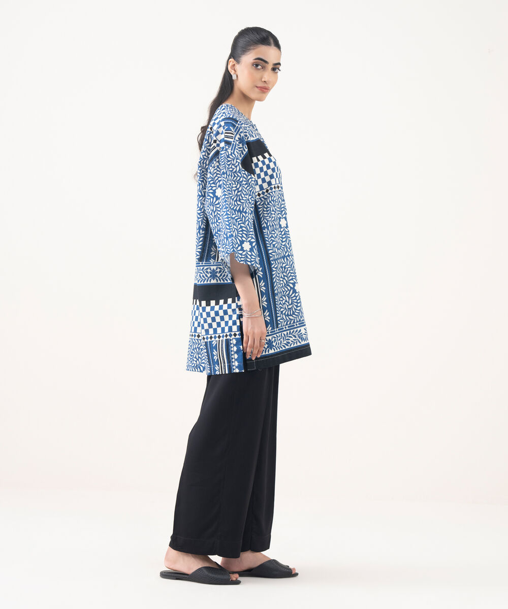 Women's RTW Light Khaddar Blue Printed Drop Shoulder Shirt