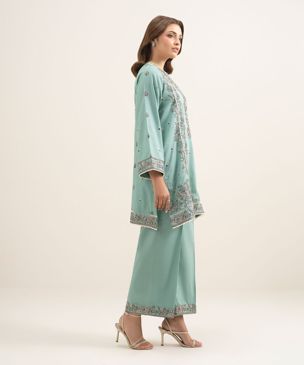 Women's RTW Dobby Embroidered Green Culottes
