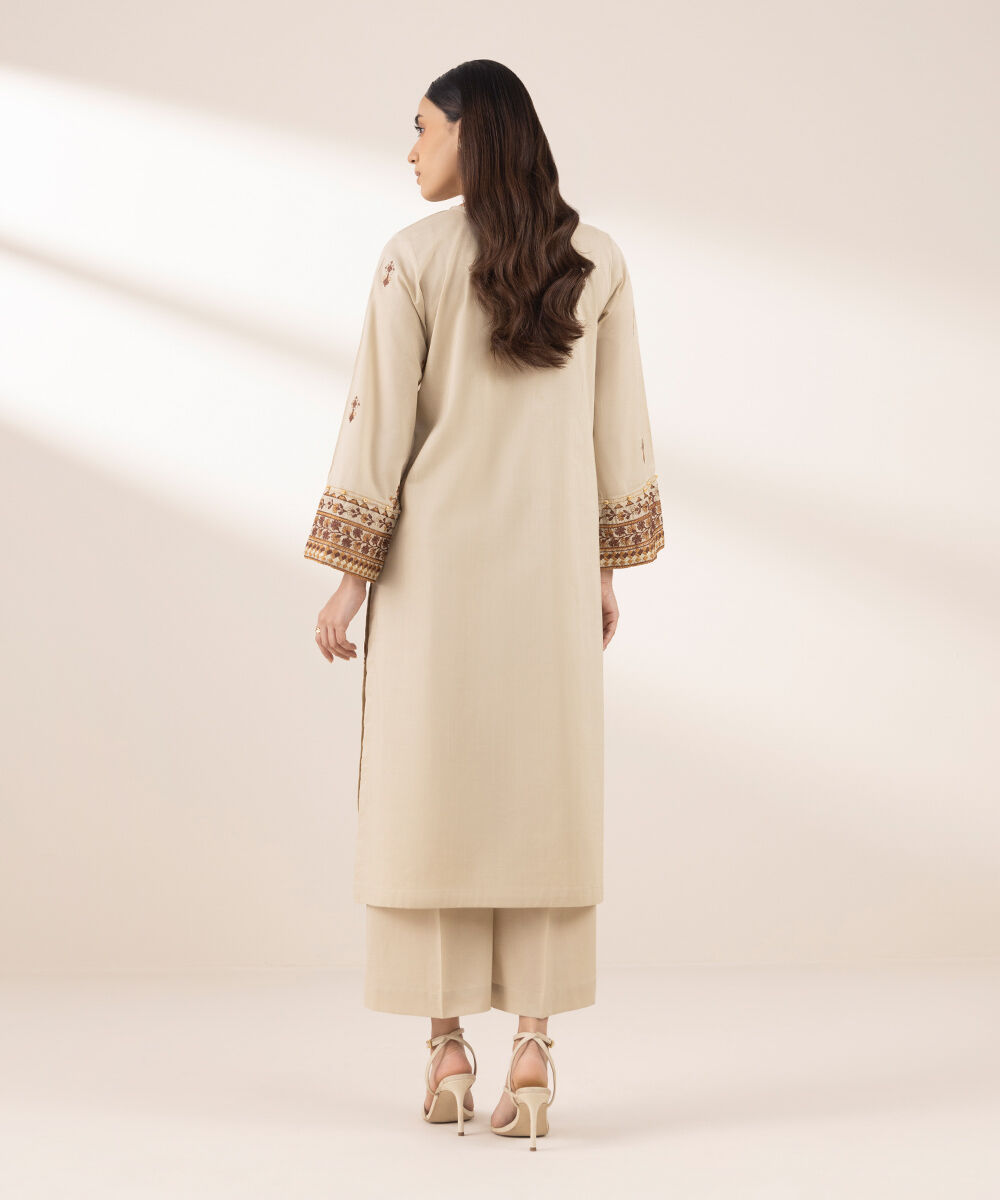 Women's RTW Cross Hatch Beige Embroidered A-Line Shirt